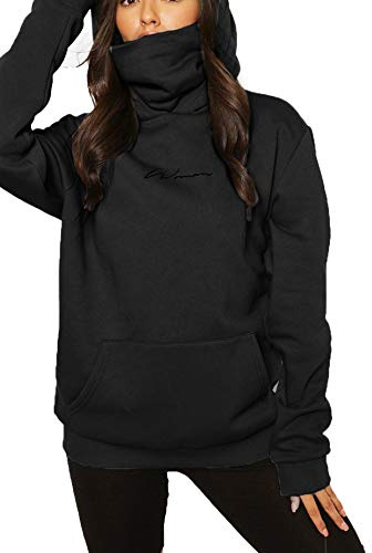 ELFIN Women's Long Sleeve Casual Hooded Sweatshirts Cowl Neck Jumper Top Outwear Pullover Hoody Black