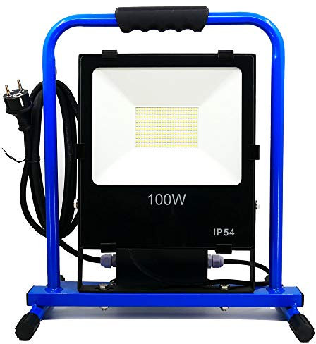 K•Power – Proyector de obra LED 100 W profesional, impermeabilidad IP54, 7500/15.000 lúmenes, Regleta de 2 tomas integradas, cable de alimentación 3M H07RNF 3G1.5 (100 W)