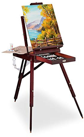 Relaxdays Cavalletto Pittura, Set 35 Accessori, Pennelli, Tavolozza, Tela, Colori Olio, Acrilici, Acquerelli, Marrone, Legno, 1 pz