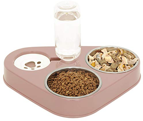 3 in 1 Double Cat Bowls,Stainless Steel Cat Food Bowl with Stand,Cat Feeding Bowl,Detachable Pet Food Bowl for Cats and Dogs,Automatic Water Storage Water Bowl (Pink)