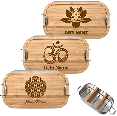 Generisch Brotdose mit Namen personalisiert 700ml, Lunchbox mit Esoterik Motiv und Namen aus Metall mit Bambusdeckel