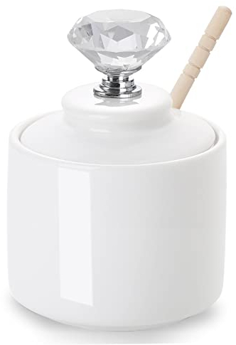 ONTUBE Mini Ceramic Honey Jar with Crystal Lid and Stick, Small Porcelain Honey Pot 8oz (silver)