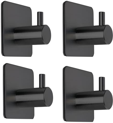 Fotosnow Black Adhesive Towel Hooks Heavy Duty Stick on Wall Hooks Shower Hooks for Bathroom Kitchen Door-4 Packs
