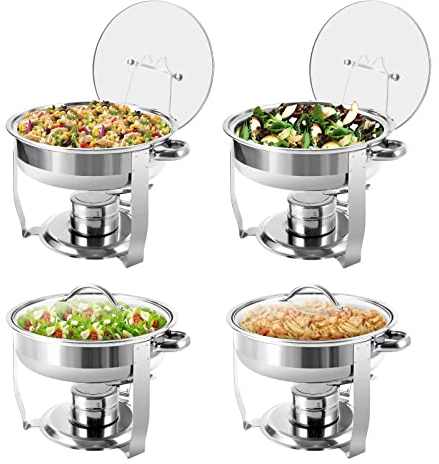 BriSunshine 4 Packungen 3 QT Runde Chafing Dish Buffet Set, Edelstahl Chafing Dishes mit Glasdeckel & Halter, Speisenwärmer für Partys, Hochzeiten, Bankette, Events