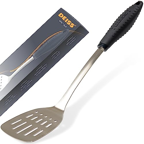 Deiss PRO Kitchen Grillspatel Edelstahl Heavy Duty Slotted Turner - 14.4 Metallspatel zum Kochen, Grillspatel, Easy Grip Handle, Slotted Design, leicht zu reinigen (SCHWARZ)