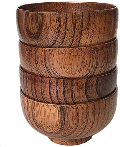 Jujube Holzschale im japanischen Stil aus Holz, Reisschale, Nudelschale, Massivholzschale, Durchmesser 11,4 cm x 6,4 cm, für Reis, Suppe, Dipping, Dekoration (mittel), 4 Packungen