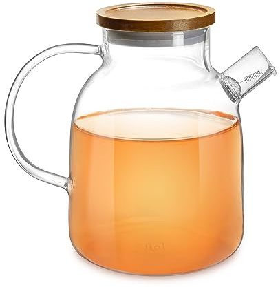 Impolio Teekanne mit Siebeinsatz, Teekanne Glas mit Holzdeckel, Hitzebeständiges Borosilikat Glas, Teekanne mit Edelstahl Sieb, Teekannendesign, Teeservice, Teapot