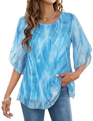 Timuspo Tunica da donna in chiffon, casual, con collo rotondo, taglie grandi, a mezza maniche corte, vestibilità ampia, Blu, S