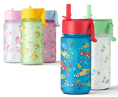 VINSUN Trinkflasche Kinder 500ml Strohhalm Deckel, auslaufsicher, BPA frei, Kohlensäure geeignet, Tritan Wasserflasche für Kindergarten, Schule, Sport