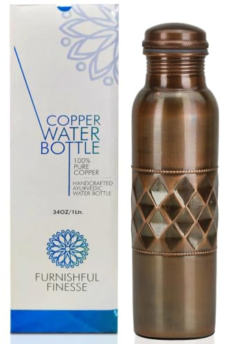 FURNISHFUL FINESSE Kupfer-Wasserflasche zum Trinken, 34 oz, reine Kupfer- ayurvedische Wasserflasche für Fitnessstudio, Büro, Wandern, Outdoor (1 Stück, Antike)