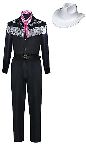 Seaehey Costume de cowboy - Chemise noire avec pompons - Pantalon - Chapeau de cowboy et accessoires - Ensemble hippie Vintage Chemise imprimée à manches longues Costume d'Halloween