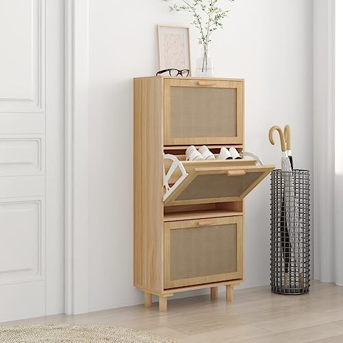 Homgoday Schuhschrank Schuhregal Organizer Aufbewahrung für Schuhe Schuhaufbewahrung Schuhregal Schrank für Eingang Schlafzimmer Flur Braun 52x25x115 cm Holzwerkstoff & Rattan Natur