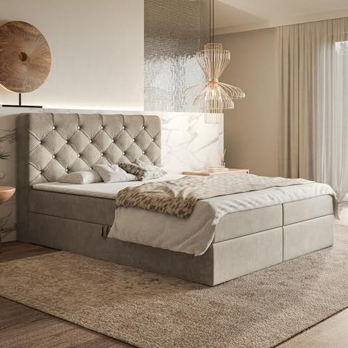 MOTIVENA Margo Chesterfield Boxspringbett 160x200 mit Bettkasten und Topper, Polsterbett 160x200 mit Bettkasten, Bonell-Matratze (H4), T28 Schaumstoff Topper (H3), mit Strass, Samt, Beige