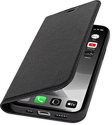 WIIUKA Hülle für iPhone 15, Leder aus Deutschland, mit Kartenfach, extra Dünn, Handyhülle mit Standfunktion, Tasche Schwarz