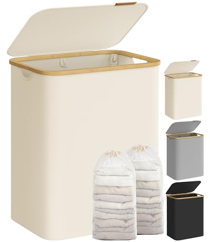 SONGMICS Tvättkorg, 130 L, med Lock, 2 Fack, Uttagbar Innerpåse | Oxfordtyg, 52 x 38,5 x 70,5 cm, för Badrum, Gräddvit och Ljus Bambu, ROXANNE Kollektion LCB513W01