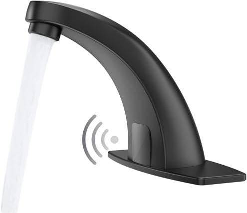 Touchless Bathroom Sink Faucets, Greenspring Automatic Faucet Bathroom Commercial Motion Sensor Faucet Battery or Plug-in Powered with Control Box and Temperature Mixer, Black