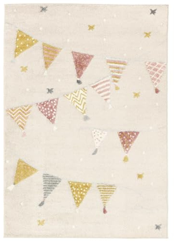 RugVista Celebration, Kinderteppich, Moderne Teppiche, 160 x 100 cm, Rechteckig, Niedriger Stapel, Kinderzimmer, Nur chemische Reinigung, Ohne gefährliche Chemikalien, Beige/Rosa