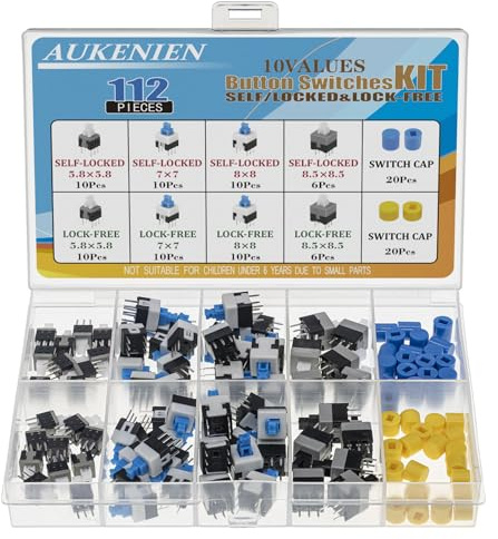 AUKENIEN 10 Wert 112 Stück DPDT Selbstverriegelnden Drucktastenschalter und Taktile Verriegelung Sortiment Kit 6 Pin Mikro 5,8X5,8MM 7X7MM 8X8MM 8,5X8,5MM mit Knopfkappe