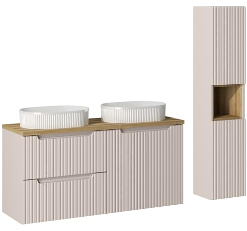 Lomadox Set di mobili da bagno da 2 pezzi con doppio lavabo da 120 cm e armadietto alto con ripiano, cashmere e quercia, parte anteriore scanalata