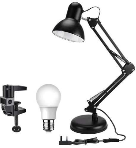 LONGTOO Desk Lamp - Classic Black Swing Arm Clip Base Lamp - Dual Purpose Bright Eye Care Table Light with E27 Replaceable Bulb