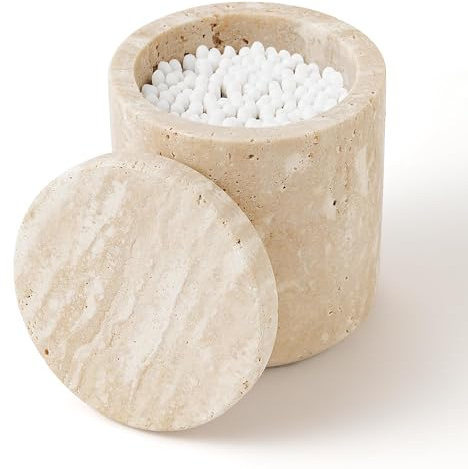 WORHE Q-Tip Marmor Kanister, Natürlichen Marmor Wattestäbchen Halter Beige | mit Deckel große Kapazität Cotton Ball Aufbewahrungsboxr für Wattestäbchen, Wattebausch, Make-up Pad, Naturmarmor (WH050)