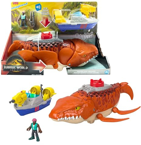 Fisher-Price Imaginext Jurassic World La Rinascita, Mosasauro Acquatico, Dinosauro Giocattolo da 46 cm Circa con Action Figure da 8 cm Circa, Barca con Lanciatore e 2 proiettili, JFR23