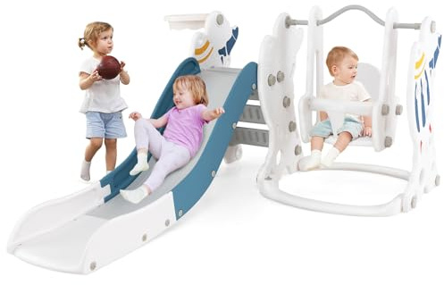 Maxmass Toddler Slide and Swing Set, Children Playground Playset with Basketball Hoop, Long Slide and Climb Ladder, Indoor Kids Play Area for Boys Girls (White+Blue,185x150x92cm)