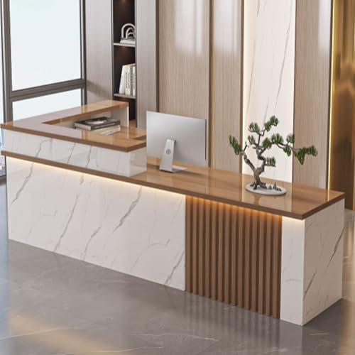 GUQASDV Empfangstresen für Praxis, Reception Desk Salon, Empfangstheke Tresen Rezeption, Rezeptionstheke Holzwerkstoff mit Lichtstreifen für Lobby, Geschäft(White Texture+Brown,120cm)
