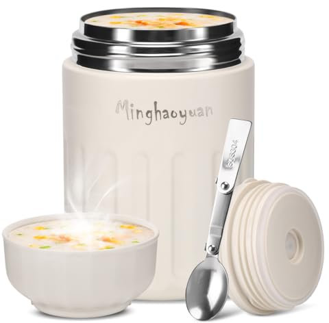 minghaoyuan Contenitore termico per cibo, 600 ml, in acciaio inox, con cucchiaio, 100% a prova di perdite, contenitore per alimenti, mueslicup o porridge per bambini (bianco)