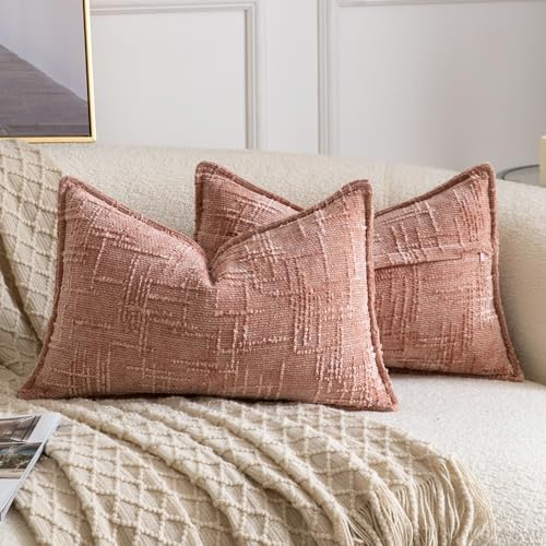 MADIZZ Set med 2 st Texturerade Chenille Kuddfodral Mjukna Boemiska Dekorsiktiga Kuddöverdrag Modern Heminredning för Soffa Vardagsrum Sovrum Rosa 30x50 cm