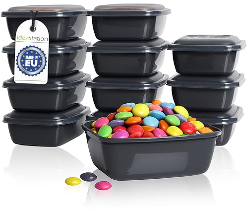 idea-station frysburkar små 12 x 320 ml – antracit – BPA-fria matburkar med lock små – okrossbara små burkar för frysning – stapelbara frysbehållare
