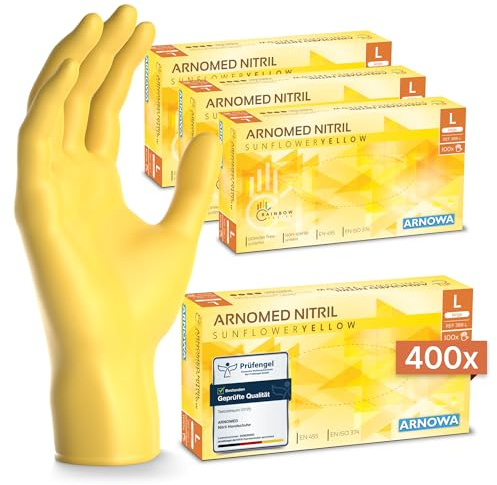 400x ARNOMED® Einweghandschuhe Gelb, Nitril Handschuhe, Einmalhandschuhe L | Nitrilhandschuhe Einweg puderfrei, Gummihandschuhe Einweg, Schutzhandschuhe, Handschuhe Nitril in XS, S, M, L