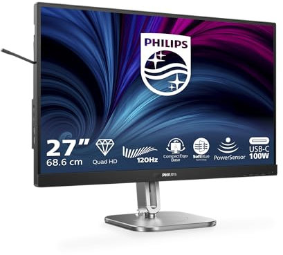 PHILIPS 27B2U4601-27 inch Quad HD monitor, 150 mm height adjustable, speakers (2560x1440, 120 Hz, 1 x HDMI 2.0, 1xDP 1.2, 1xDP output, 1x USB-C (96 W PD), USB hub, RJ45) black