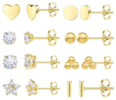 DAILI 8 Pairs Gold Stud Earrings,Titanium Surgical Steel Stud Earrings Set for Multiple Piercing Hypoallergenic Cartilage Helix Earrings Flower Heart Ball Cubic Zirconia Studs for Women