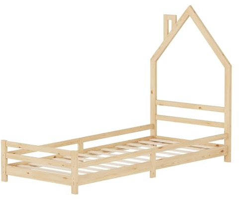 ML-Design Kinderbett Haus 90x200 cm Natur, Hausbett für Kinder, Holzbett mit Lattenrost, Schornstein Design, Jugendbett aus massivem Kiefernholz, Bettgestell für Jungen & Mädchen, Einzelbett Spielbett