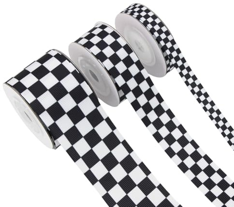 JIHUOO 3 Rollen schwarz-weiß karierte Bänder Rennwagen Motto Party Band kariert gedruckt Ripsband Büffel Plaid Sport Themenbänder
