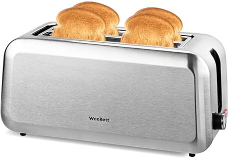 WeeKett Long Slot 4 Slice Toaster, 1250-1450 Watt – Silver Stainless Steel Bread Toaster with Extra Wide Slots for Artisan Bread, Crumpets & Bagels – Adjustable Browning, Defrost & Reheat Functions