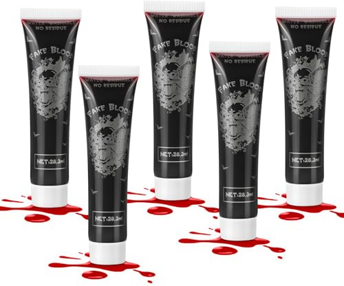 Alaoo Halloween Set de Faux Sang, 5 Tubes 28.3ML Sang Lavable, Stage Blood, pour Carnaval, Film, Théâpre, Blessures Simulées, Maquillage Halloween, Zombie, Vampire, Cosplay, Maquillage de Théâtre, D