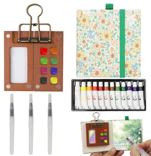 Pocket Aquarell Set, Mini Aquarell Travel Set 8 Grids Tragbare Skizzenbuch Palette, Skizzenbuch Palette Für Reisen Für Maler, Künstler, Studenten, mit farben, Skizzenbuch, Stifte, Binder-Clips