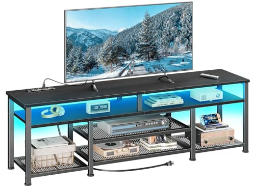 Furologee 63 Inch TV Stand with Power Outlets & LED Lights, Black | Entertainment Center, 4 Tiers Open Shelves, 3 AC & 2 USB, for 65/70 Inch TV, TV Stands for Living Room, Bedroom