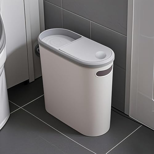 Livhome 10L Slim Bathroom Bin, Narrow Plastic Trash Can with Touch Top Lid & Handle, Slimline Kitchen Bin, Compact Design Waste Bin, Small Space Storage for Bathroom, Bedroom, Office (White/Grey)