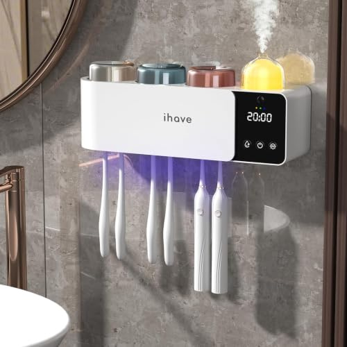 iHave Toothbrush Holder with UV Toothbrush Sanitizer, Aromatherapy Diffuser & IR Night Light - 4-Hour Smart Cruise Disinfection, Auxiliary Combo Drying - Wall-Mounted Bathroom Organizer with 3 Cups