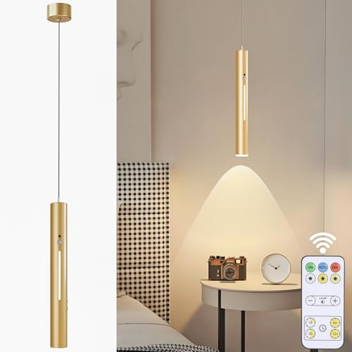 DESGNT Batteriebetriebene Hängelampe mit 6000 mAh Akku-Modern Pendelleuchte mit Fernbedienung,Dimmfunktion & Bewegungsmelder für Küche,Schlafzimmer und Wohnzimmer (Gold 1 Stück)