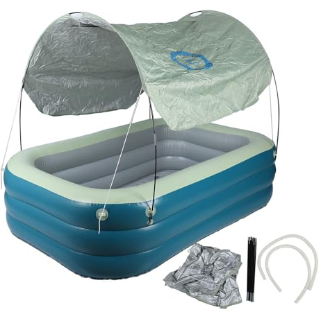 Aufblasbarer Pool, 2,1m, dickwandig, mit wasserdichtem Sonnendach und Rutsche – UV - Schutz, Robustes PVC, ideal für Kinder im Garten und Outdoor - Bereich (Grün)