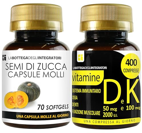 Semi di Zucca 70 Softgels e Vitamine DK 400 Compresse | Ossa Denti Sistema Immunitario | Una al Giorno