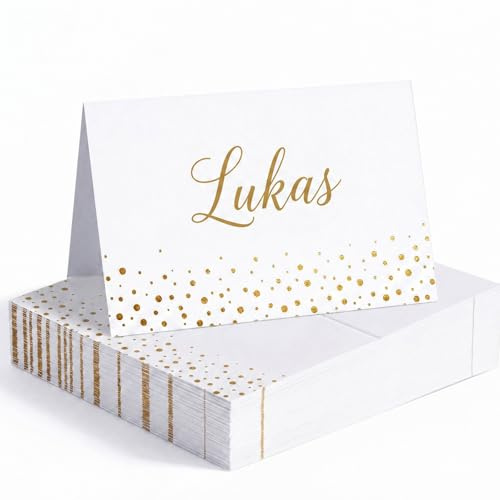 COMOOKA 50 Stück Tischkarten Hochzeit Geburtstag 8.5x5.5cm Platzkarten Namenskarten Gold Punkte Taufe Weihnachten Goldene Hochzeit Tischdeko Goldfolie Deko Namensschilder zum Beschriften