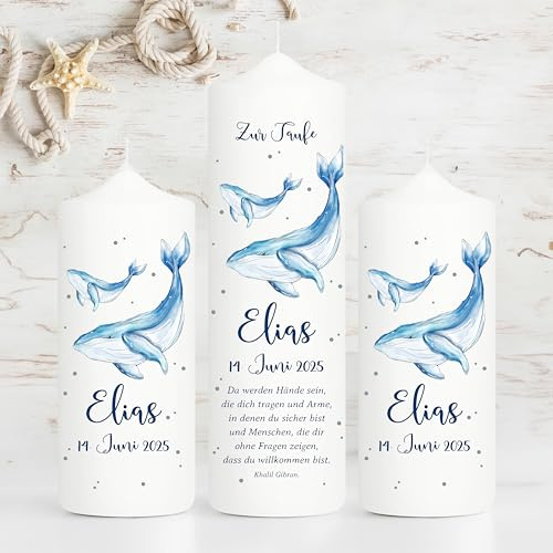 Wandtattoo Loft Taufkerze Junge mit Taufspruch + 2 Patenkerzen, Motiv Blauer Wal 25 x 7 cm, personalisierte Kerze, bedruckte Kerze zur Taufe, Taufgeschenk