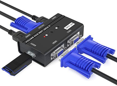 VGA KVM Switch 2 port, KVM USB Switches Selector for 2 Computers Share One HD Monitor Keyboard Mouse Printer Speaker, MT-VIKI 2 in 1 out KVM Switches VGA +Cables 2in1 +3 USB Hub
