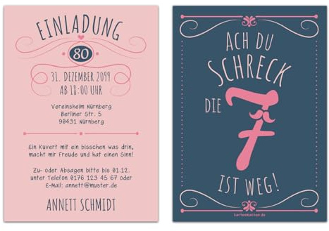 Kartenmachen.de Individuelle 80. Geburtstag Einladungskarten DIN A6 (148x105mm) - Ach du Schreck, die 7 ist weg - ab 10 Stück Sets