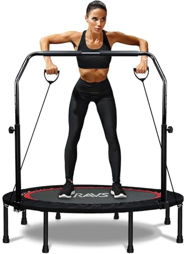 RAVS Mini Trampoline for Kids Adults 40/48 Foldable Fitness Rebounder Kids Trampoline with 5 Levels Height Adjustable Handle Resistance Bands Indoor Workout